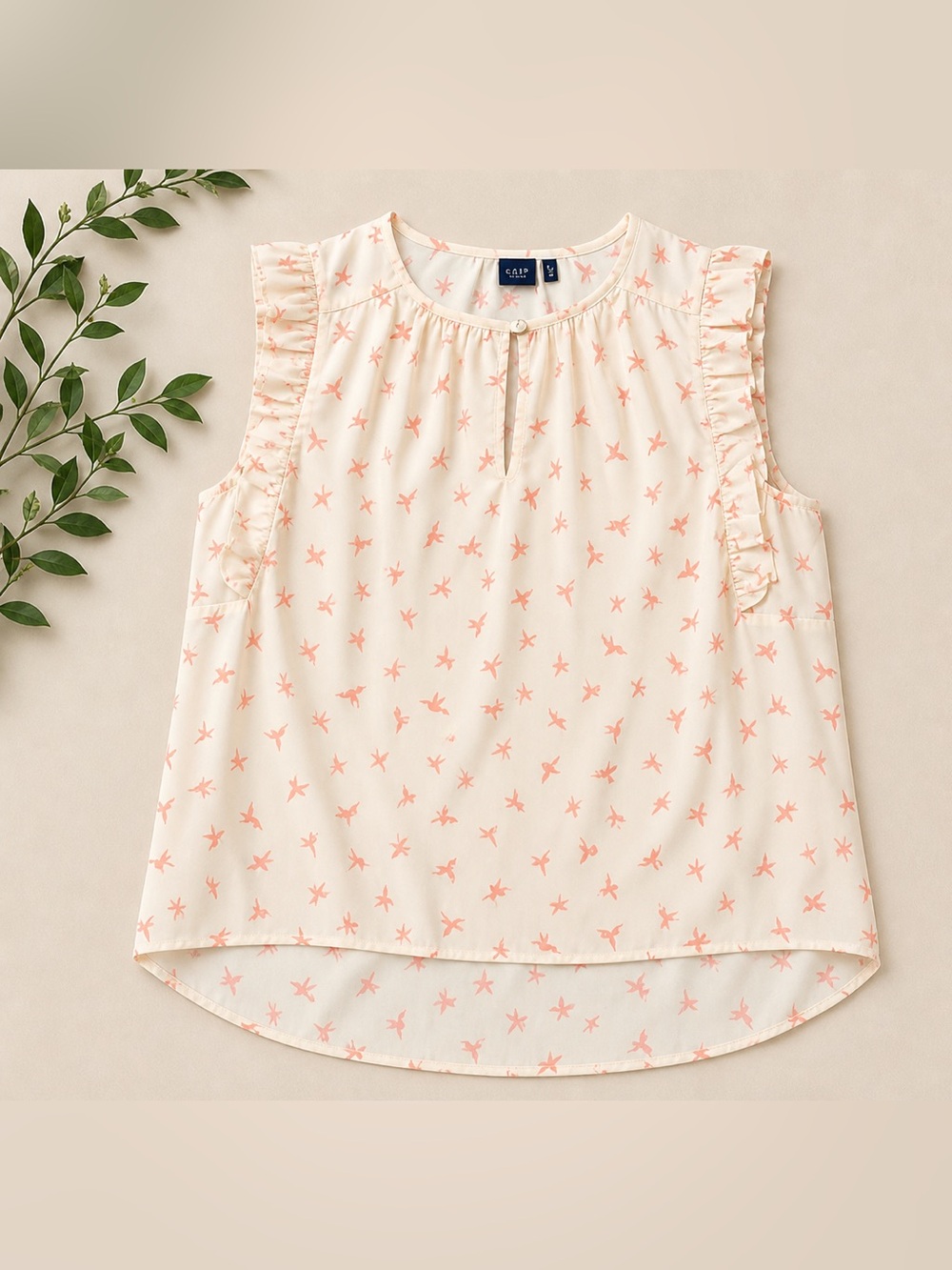 Kaari Blue Abstract Bird Print |Soft Peach Sleeveless Top |Feminine Summer Style